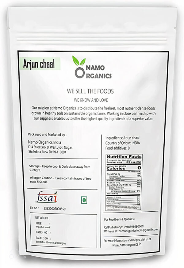 Back view of Organic Arjun ki Chaal pack showing instructions, storage info, and ingredient details